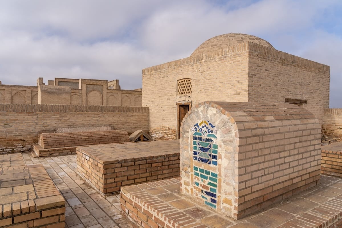 Brick tombs with tiled gravestones at the Chor Bakr necropolis near Bukhara, Uzbekistan