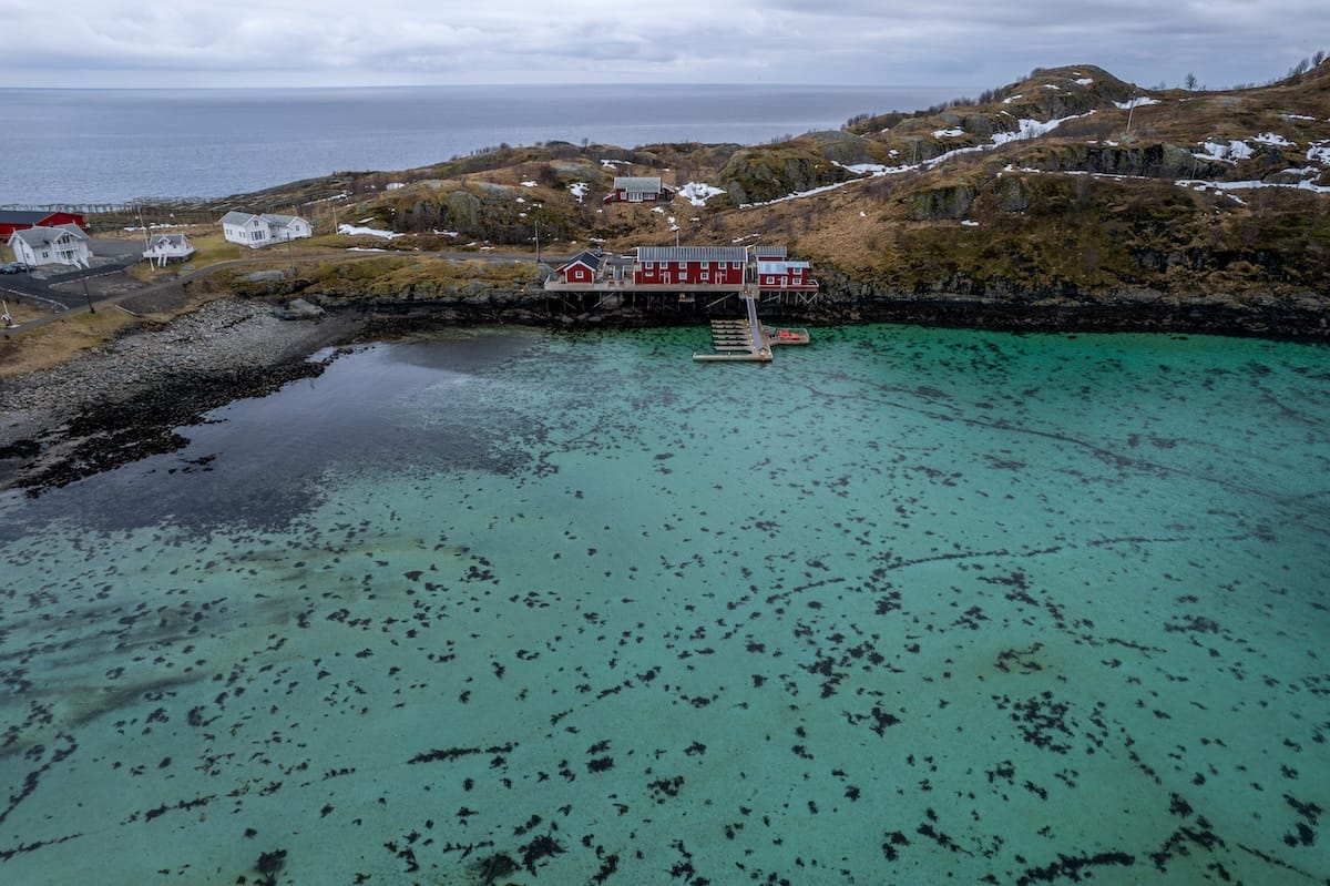 Aerial view of red rorbu cabins on stilts above a turquoise, seaweed-dotted bay on the Lofoten coast under an overcast sky