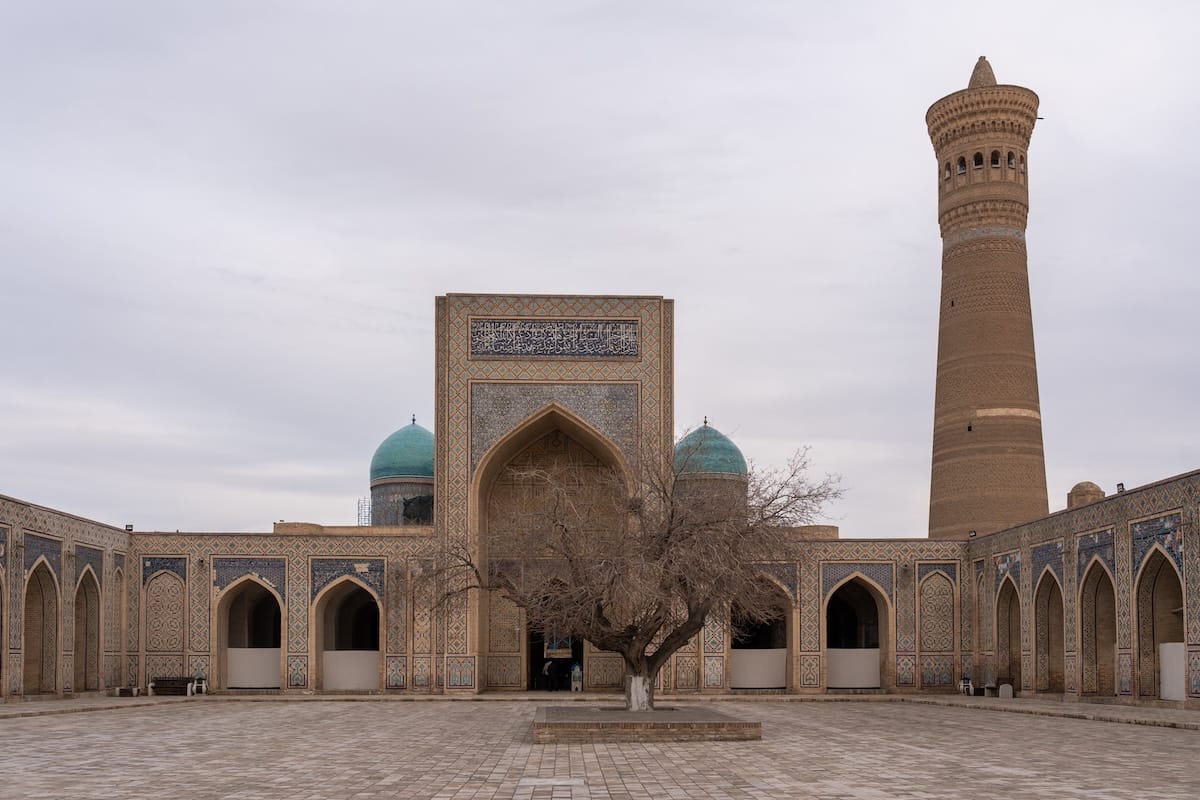 Kalyan Mosque courtyard in Bukhara with a bare tree in the center, tiled arched galleries, turquoise domes, and the Kalyan Minaret under a gray winter sky