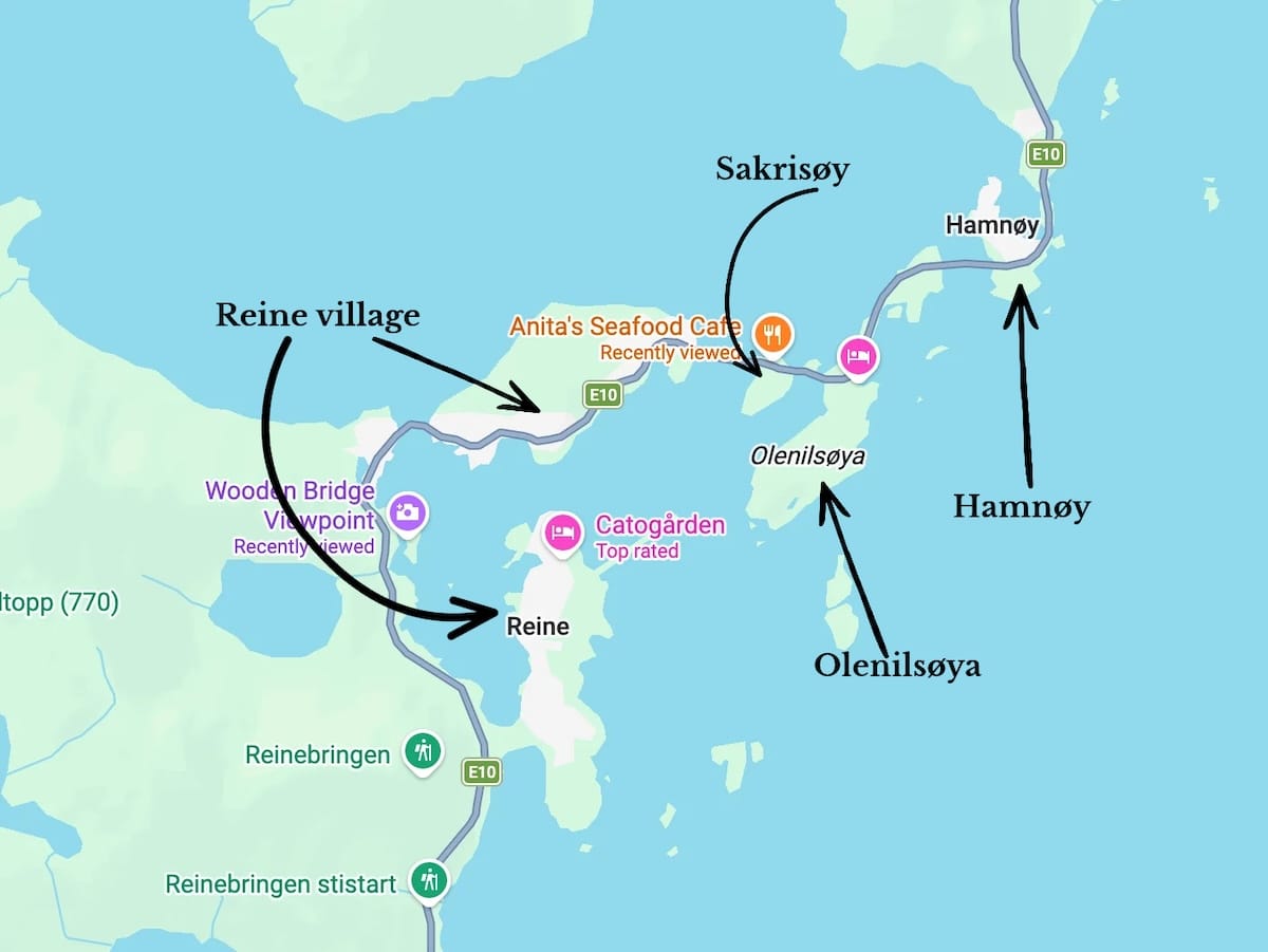 This is a map with the islands of Sakrisøy, Reine village, and Hamnøy etched into it.